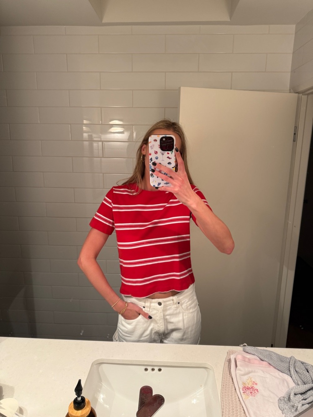 Aritzia Red and White Striped Short Sleeve Tee